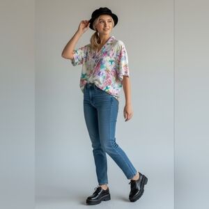 Louben Vintage Colorful Abstract Pattern Short Sleeve Button Down Blouse